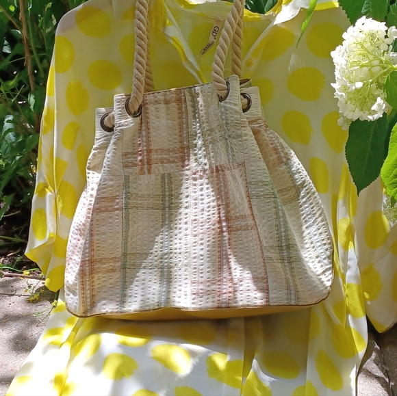 Summer Hat Grey Bag Green Peach stripes Summer Beach Cover up - Picture 2 of 3